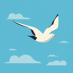 Obraz premium A stylized illustration of a seagull soaring through a clear blue sky dotted with fluffy white clouds.