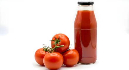 Fresh Tomatoes and a Bottle of Rich Tomato Juice
Vibrant Red Tomatoes and Pure Tomato Juice in a Glass Bottle
Healthy and Natural: Fresh Tomatoes with Bottled Tomato Juice