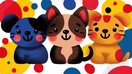 Naklejka premium Three Adorable Cartoon Puppies on Colorful Polka Dot Background