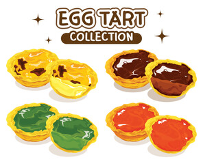A delightful Egg Tart Collection vector illustration, hand-drawn with vibrant colors showcasing classic, chocolate, matcha, and Thai tea flavors. Perfect for bakery menus or dessert promotions.