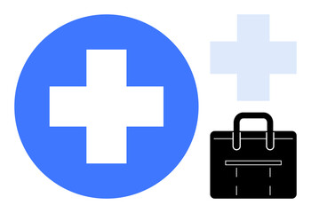 Obraz premium Bold blue cross in circle, black briefcase, and lighter cross highlight healthcare, medicine, first aid, emergency response, professional assistance, wellness and business support. Clean simple