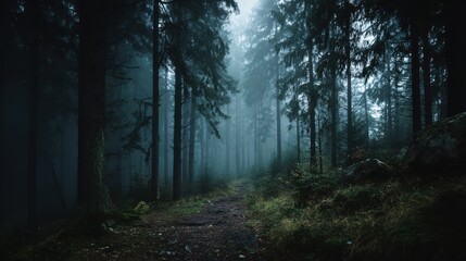 Fototapeta premium Dark misty forest path with eerie atmosphere for halloween concept