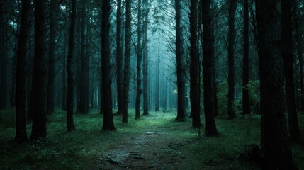 Fototapeta premium Spooky forest trail at dusk with fog and mystery vibe
