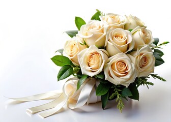Obraz premium Fresh cream-colored roses arranged in a lush bouquet with greenery and a ribbon tied at the stem
