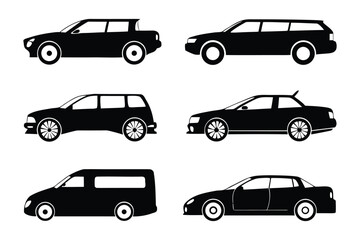 Fototapeta premium Silhouettes of Urban Mobility: A sleek array of monochrome car silhouettes against an undefined backdrop, illustrating different modes of transport commonly seen in the city.