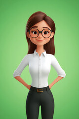 Cheerful animated woman in a white shirt and glasses, smiling confidently against a green background