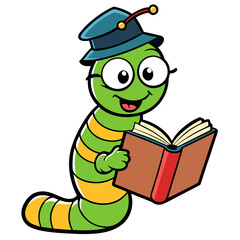 Cute cartoon worm wearing a graduation cap reading a book silhouette