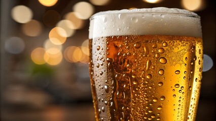 Close up of a pint of beer with water droplets