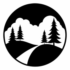 Black silhouette of pine trees on rolling hills within a circle forest