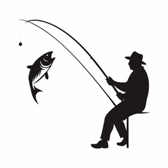 Black silhouette of fisherman catching jumping fish on white background fishing