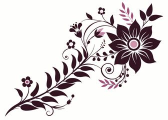 Dark purple floral swirl with pink accents on white background branch leaf