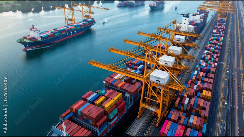 Poster aerial view of container ship loading at port with colorful cargo boxes and cranes in action under c