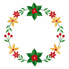 Red yellow floral christmas wreath with green leaves and berries border