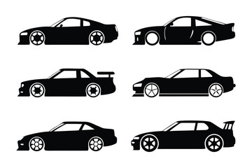 Sport Car Silhouettes Collection: A stylish collection of six distinct sport car silhouettes, each showcasing a unique design and body style. Perfect for automotive design projects, websites.