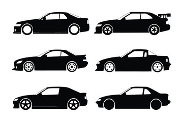 Automobile Silhouettes: A sleek collection of modern automobiles, rendered in bold, monochromatic silhouettes, showcase a variety of car styles, conveying speed and design elegance.