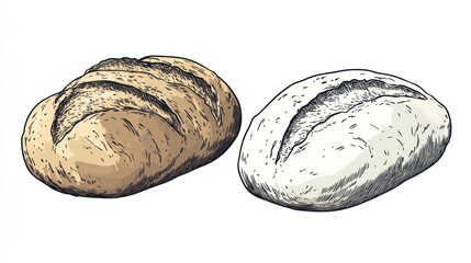Two loaves of bread, one in tan, one in grayscale, side view