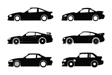 Silhouette of Speed: A collection of sleek, high-performance sports car silhouettes, each exuding power and elegance, set against a stark backdrop, embodying speed and luxury.