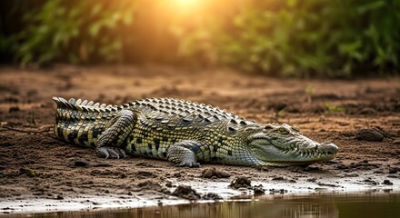 Obraz premium Resting Crocodile on Brown Sand Near Water with Sunlit Greenery