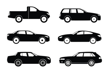 Fototapeta premium Vehicle Variety: A sleek monochrome illustration showcases an assortment of modern automobiles, offering a diverse selection of car body styles for transportation and design.