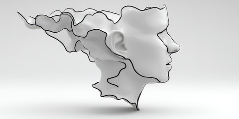 Abstract Grayscale 3D Head Model with Line Art Overlay
