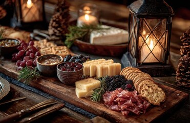 Rustic cheese and charcuterie board with candlelight