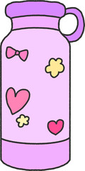Hand-Drawn Lilac Bottle with Hearts and Bows Pattern – Cute Reusable Thermos PNG