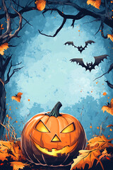 A spooky Halloween scene featuring a carved pumpkin surrounded by autumn leaves and bats flying