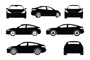 Car Silhouettes: Collection of black car silhouettes, showcasing front, side, and rear views in various angles. Perfect for automotive design, infographics, or presentations. 