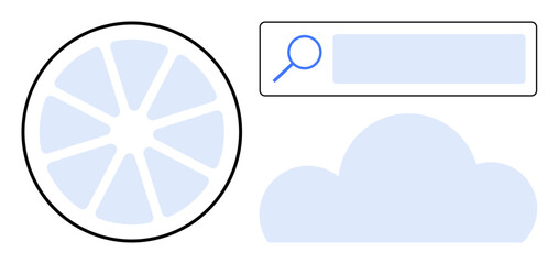 Pie chart representing data, cloud symbol for storage, search bar with magnifying glass. Ideal for data analysis, cloud computing, information storage, search optimization, connectivity