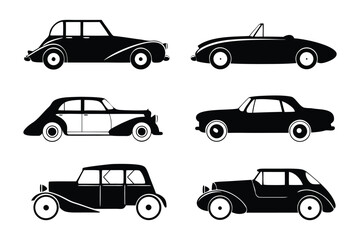 Classic Car Collection: An assortment of timeless classic cars in elegant black silhouettes, highlighting the grace and enduring appeal of vintage automotive design.