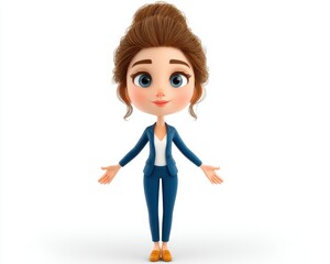 Cheerful Cartoon Businesswoman in Blue Pantsuit