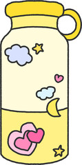 Hand-Drawn Yellow Bottle with Clouds Stars Moon and Hearts Pattern Illustration PNG