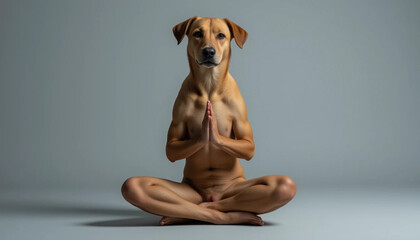 Dog Head Man Meditating in Lotus Pose Funny Animal Hybrid
