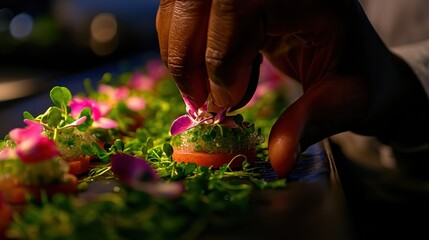 Chef Preparing Elegant Appetizers with Pink Flower Garnish