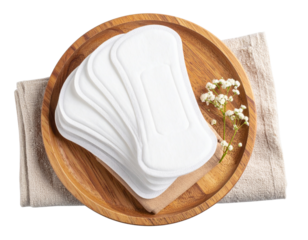  Reusable Cloth Pads on Rustic Wooden Dish – Top View Organic Hygiene PNG