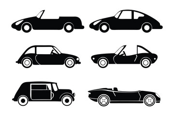 Silhouette Variety: A set of monochrome car silhouettes showcases different models of vehicles, rendered in crisp, graphical style.