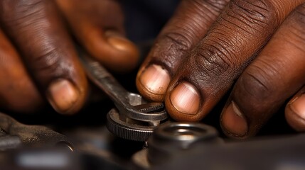 Close up of Dirty Hands Using Tools During Repair Work