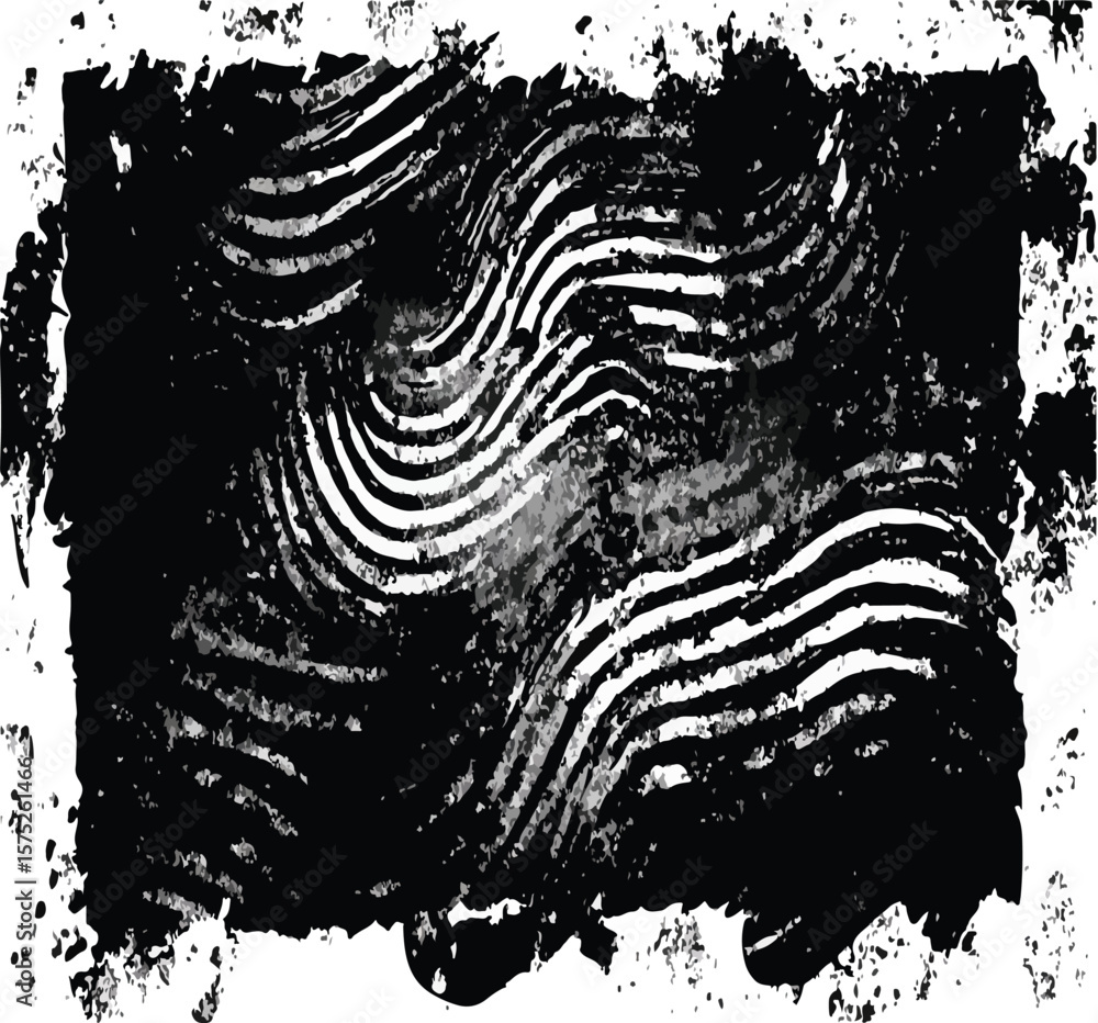 Poster monochrome abstract print featuring wavy lines with textured black border on white background