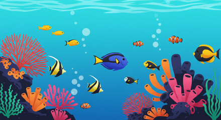 Obraz premium A vibrant underwater scene depicting various colorful fish swimming near coral reefs.