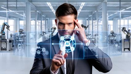 Businessman interacting with artificial intelligence interface in a futuristic factory