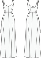 CAD drawing flat vector illustration of elegant sleeveless evening gown dress fashion technical sketch front and back view