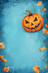 A vibrant Halloween-themed illustration featuring a smiling pumpkin against a blue background