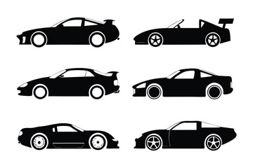 Silhouette car collection: A vector illustration showcasing a diverse range of sports cars in sleek black silhouette, set against a backdrop of minimalist design.