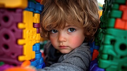 Curious Toddler with Freckles Peering Through Colorful Blocks