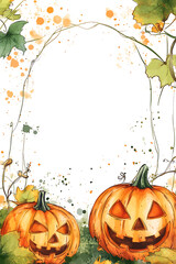 Festive Halloween scene featuring carved pumpkins surrounded by autumn foliage and splashes