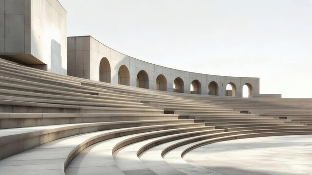 Minimalist Concrete Architecture with Arches and Grandstand Seating in Outdoor Space