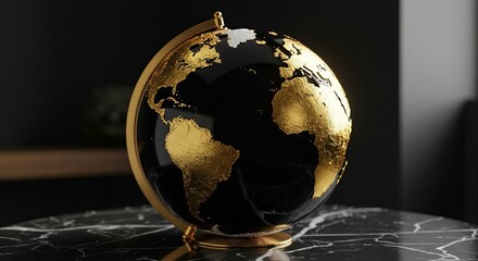 A luxurious and stylized globe with black oceans and gold leaf continents, sitting on a black marble table with dramatic side lighting.