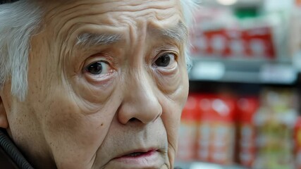 Elderly Man's Surprised Confused Look in Supermarket