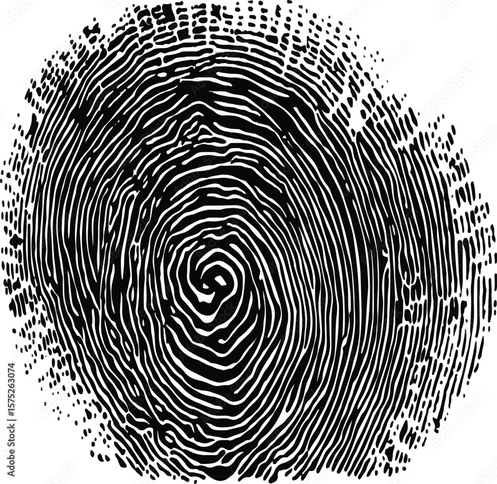 Poster close up of a fingerprint with a spiral pattern in black and white on a white background image