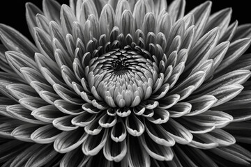 A macro image of a chrysanthemum in full bloom with radiating petal lines captured in grayscale that enhances its rhythmic symmetry and floral architecture this HD rendering brings
